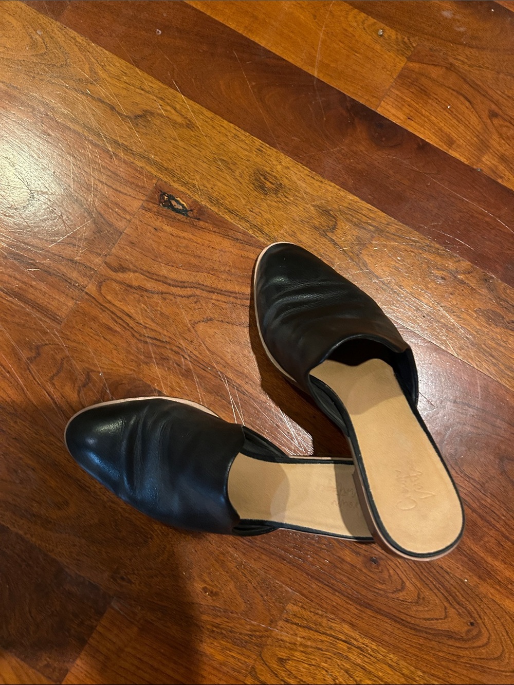 Crown Vintage Black Leather Slip-On Mules with Tan Insole